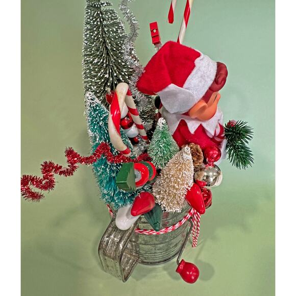 Vintage Knee Hugger Pixie Elf Christmas Assemblage in Flour Sifter Holiday Decor - Picture 4 of 8